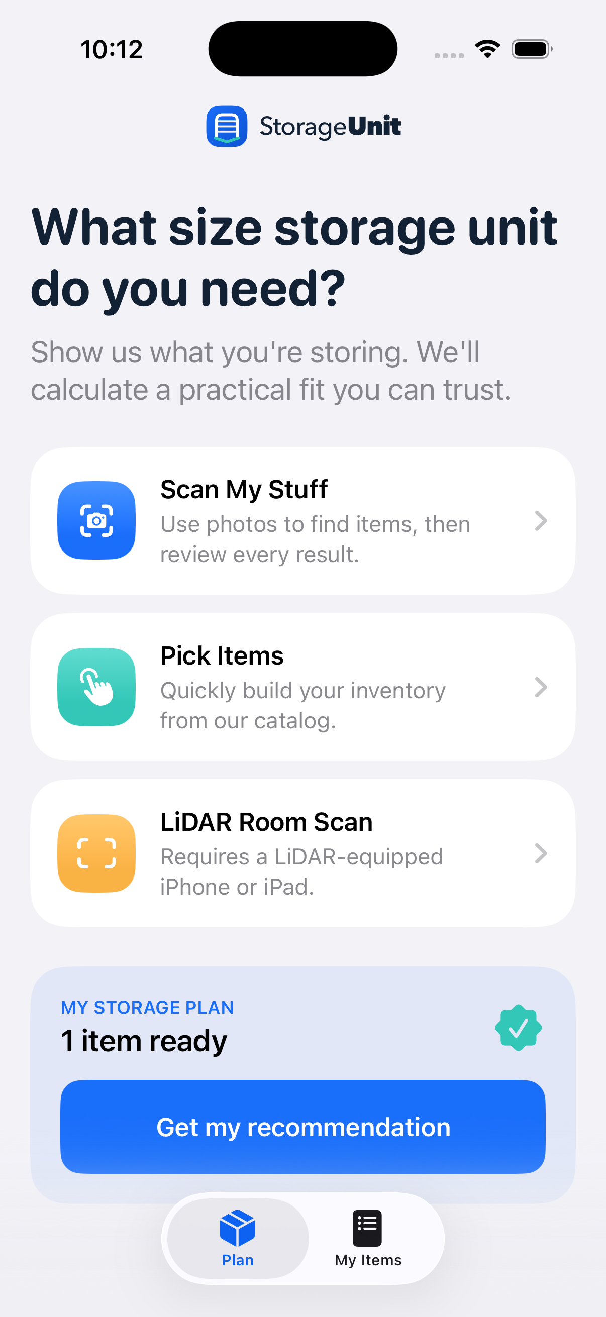 StorageUnit iPhone app showing photo scan, Quick Pick, and LiDAR options