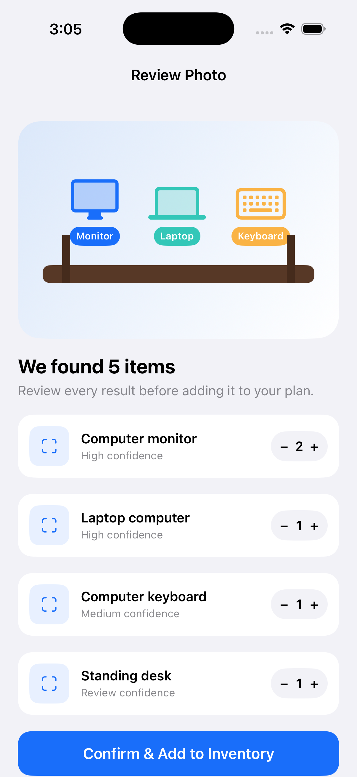 StorageUnit photo review screen with editable monitor, laptop, keyboard, and desk detections
