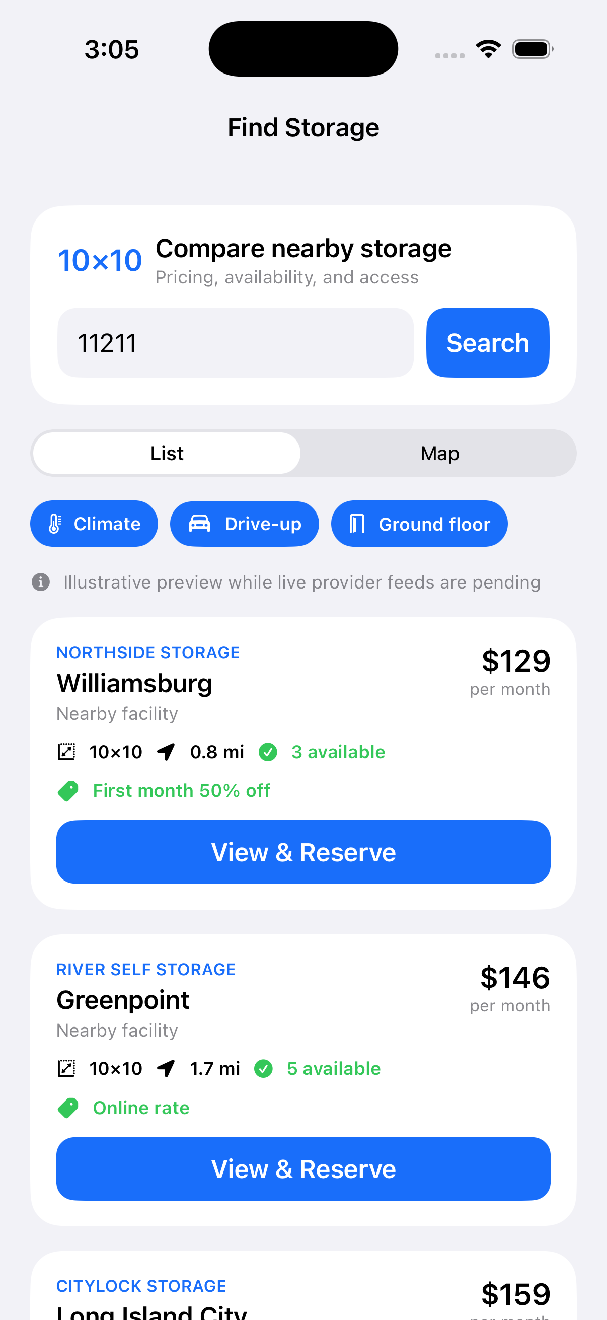 Preview of StorageUnit nearby provider price and availability comparison