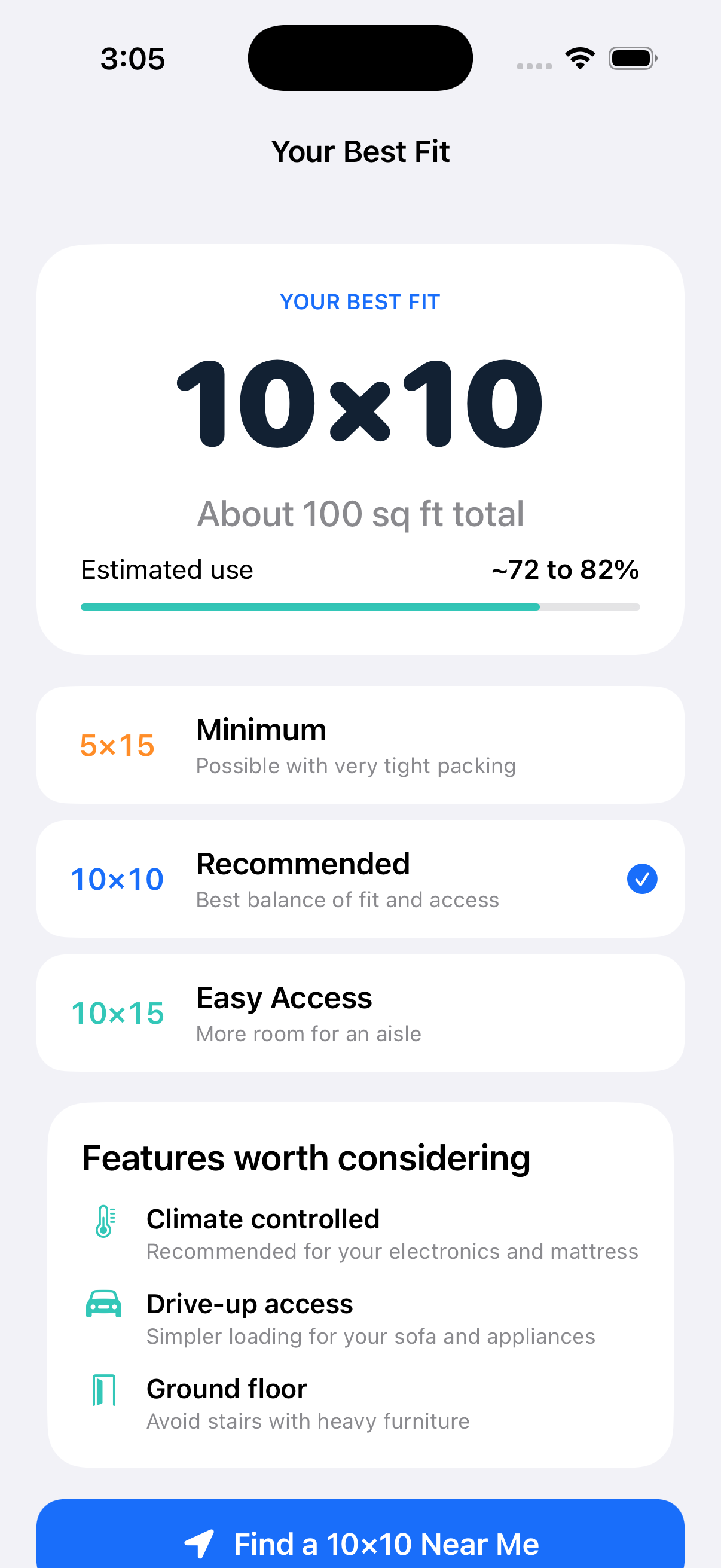 StorageUnit 10 by 10 recommendation with packing tiers and amenity suggestions